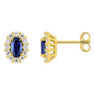 Brincos de pressão em ouro amarelo 9K com safira criada oval e diamantes criados 0,34 ct