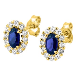 Pendientes de botón de oro amarillo 9K con zafiro creado ovalado y diamantes creados 0,34 ct