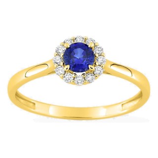 Anel em ouro amarelo 9K com safira criada redonda e diamantes criados 0,13 ct