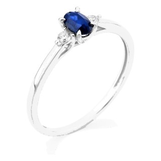 Anillo de oro blanco 9K con zafiro creado ovalado y diamantes creados 0,06 ct