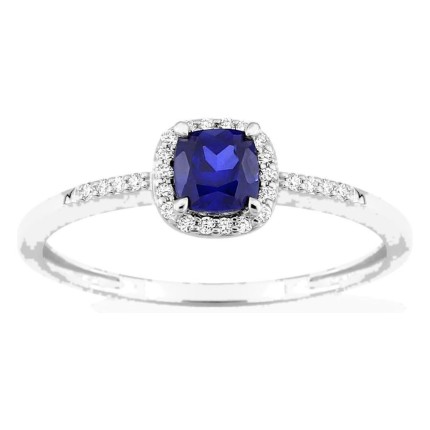 Anel em ouro branco 9K com safira criada lapidação almofada e diamantes criados 0,08 ct