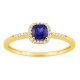 Anillo de oro amarillo 9K con zafiro creado talla cojín y diamantes creados 0,08 ct