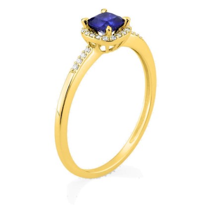 Anillo de oro amarillo 9K con zafiro creado talla cojín y diamantes creados 0,08 ct