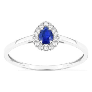 Anel em ouro branco 9K com safira criada lapidação pera e diamantes criados 0,07 ct