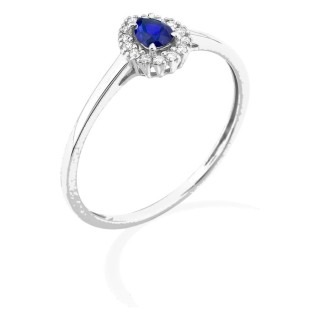 Anel em ouro branco 9K com safira criada lapidação pera e diamantes criados 0,07 ct