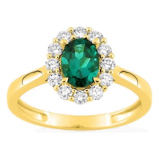 Anel em ouro amarelo 9K com esmeralda criada oval e diamantes criados 0,40 ct