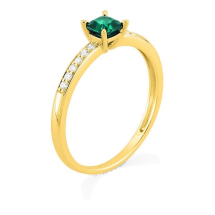 Anel em ouro amarelo 9K com esmeralda criada lapidação almofada e diamantes criados 0,08 ct
