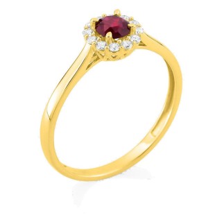 Anel em ouro amarelo 9K com rubi criado redondo e diamantes criados 0,13 ct