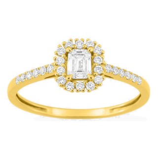 Anillo de oro amarillo 9K con diamantes creados 0,43 ct y centro talla esmeralda en halo