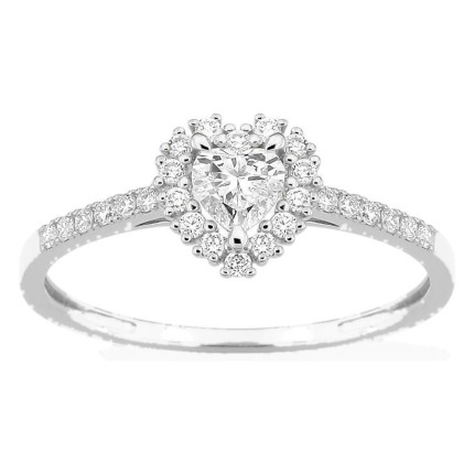 Anillo de oro blanco 9K con diamantes creados 0,37 ct y centro talla corazón en halo
