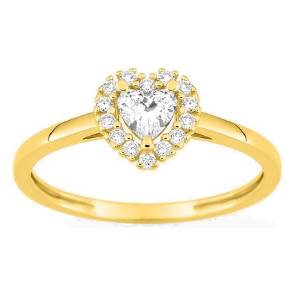 Anillo solitario de oro amarillo 9K con diamante corazón 0,29 ct y halo