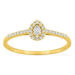 Anel em ouro amarelo 9K com diamantes criados 0,16 ct e centro lapidação pera em halo