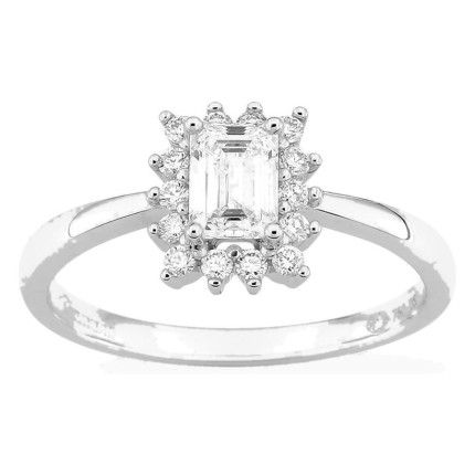 Anel em ouro branco 18K com diamantes criados 0,68 ct e diamante central lapidação esmeralda