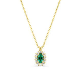 Collar de oro amarillo 9K con esmeralda creada ovalada y diamantes creados 0,16 ct