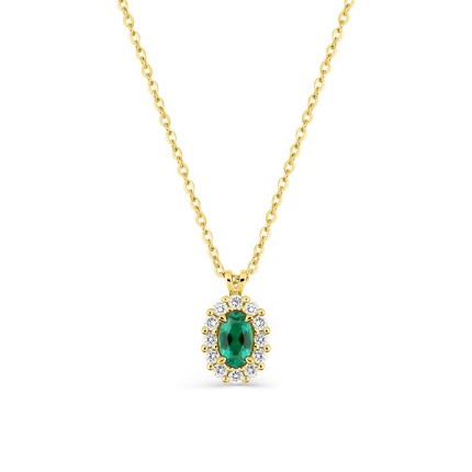 Colar em ouro amarelo 9K com esmeralda criada oval e diamantes criados 0,16 ct