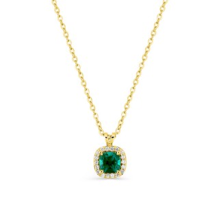 Colar em ouro amarelo 9K com esmeralda criada lapidação almofada e diamantes criados 0,13 ct