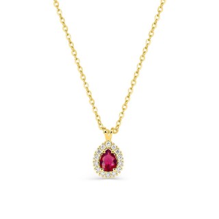 Collar de oro amarillo 9K con rubí creado talla pera y diamantes creados 0,07 ct