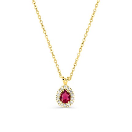 Collar de oro amarillo 9K con rubí creado talla pera y diamantes creados 0,07 ct