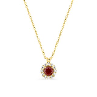 Collar de oro amarillo 9K con rubí creado redondo y diamantes creados 0,13 ct