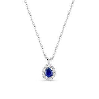Colar em ouro branco 9K com safira criada lapidação pera e diamantes criados 0,07 ct
