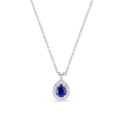 Colar em ouro branco 9K com safira criada lapidação pera e diamantes criados 0,07 ct