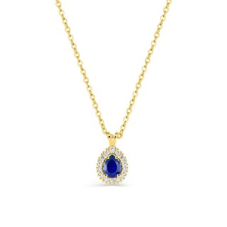 Collar de oro amarillo 9K con zafiro creado talla pera y diamantes creados 0,07 ct