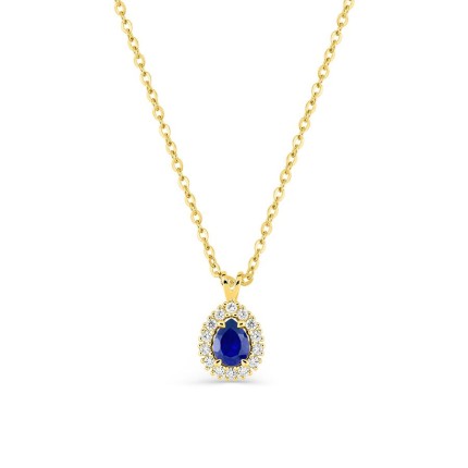 Colar em ouro amarelo 9K com safira criada lapidação pera e diamantes criados 0,07 ct