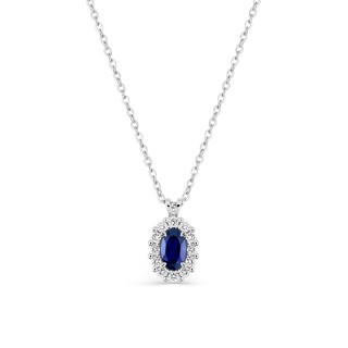 Colar em ouro branco 9K com safira criada oval e diamantes criados 0,16 ct