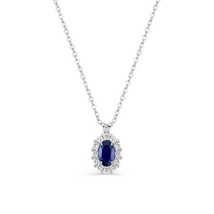 Colar em ouro branco 9K com safira criada oval e diamantes criados 0,16 ct