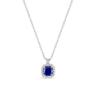 Collar de oro blanco 9K con zafiro creado talla cojín y diamantes creados 0,13 ct