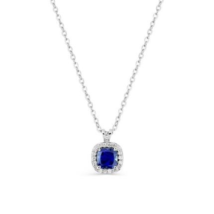 Colar em ouro branco 9K com safira criada lapidação almofada e diamantes criados 0,13 ct