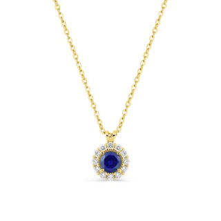 Collar de oro amarillo 9K con zafiro creado redondo y diamantes creados 0,13 ct