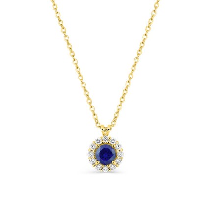 Collar de oro amarillo 9K con zafiro creado redondo y diamantes creados 0,13 ct