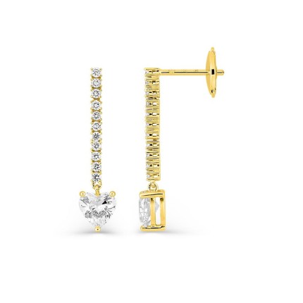 Brincos pendentes em ouro amarelo 18K com diamantes criados 0,98 ct e pedra principal lapidação coração