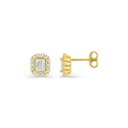 Pendientes de botón de oro amarillo 9K con diamantes creados 0,72 ct talla esmeralda en halo