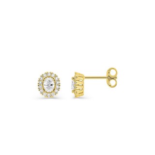 Brincos de pressão em ouro amarelo 9K com diamantes criados 0,46 ct ovais em halo