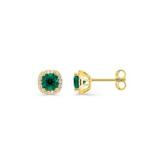 Pendientes de botón de oro amarillo 9K con esmeralda creada talla cojín y diamantes creados 0,11 ct