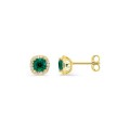 Brincos de pressão em ouro amarelo 9K com esmeralda criada lapidação almofada e diamantes criados 0,11 ct