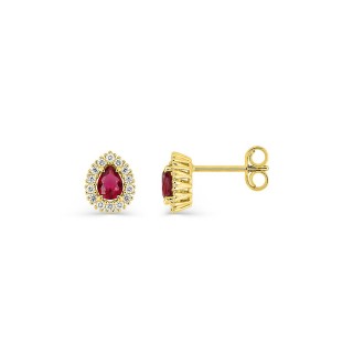 Brincos de pressão em ouro amarelo 9K com rubi criado lapidação pera e diamantes criados 0,14 ct