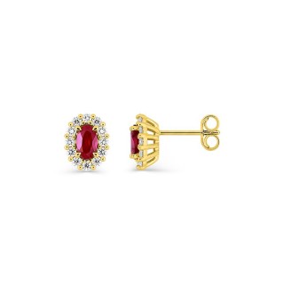 Pendientes de botón de oro amarillo 9K con rubí creado ovalado y diamantes creados 0,34 ct