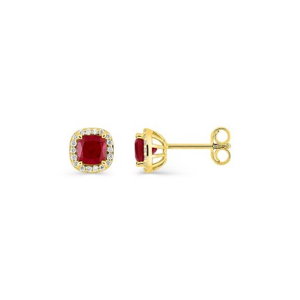 Pendientes de botón de oro amarillo 9K con rubí creado talla cojín y diamantes creados 0,11 ct