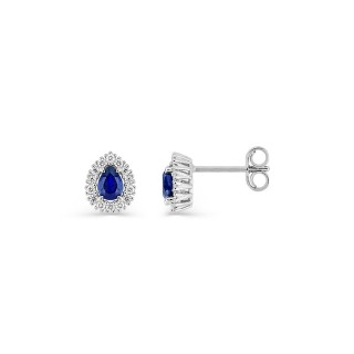 Brincos de pressão em ouro branco 9K com safira criada lapidação pera e diamantes criados 0,14 ct