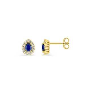 Brincos de pressão em ouro amarelo 9K com safira criada lapidação pera e diamantes criados 0,14 ct