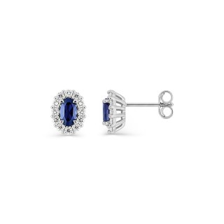 Pendientes de botón de oro blanco 9K con zafiro creado ovalado y diamantes creados 0,34 ct