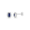 Pendientes de botón de oro blanco 9K con zafiro creado ovalado y diamantes creados 0,34 ct