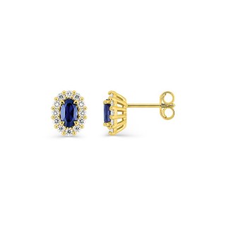 Pendientes de botón de oro amarillo 9K con zafiro creado ovalado y diamantes creados 0,34 ct