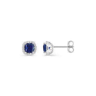 Pendientes de botón de oro blanco 9K con zafiro creado talla cojín y diamantes creados 0,11 ct
