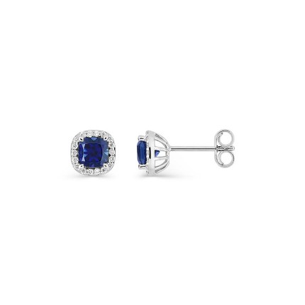 Brincos de pressão em ouro branco 9K com safira criada lapidação almofada e diamantes criados 0,11 ct