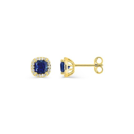 Pendientes de botón de oro amarillo 9K con zafiro creado talla cojín y diamantes creados 0,11 ct