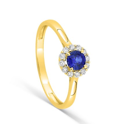 Anel em ouro amarelo 9K com safira criada redonda e diamantes criados 0,13 ct